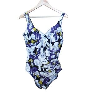 Lands' End 1 Piece Underwire Swimsuit Women 16 Purple Floral Slimming Tummy